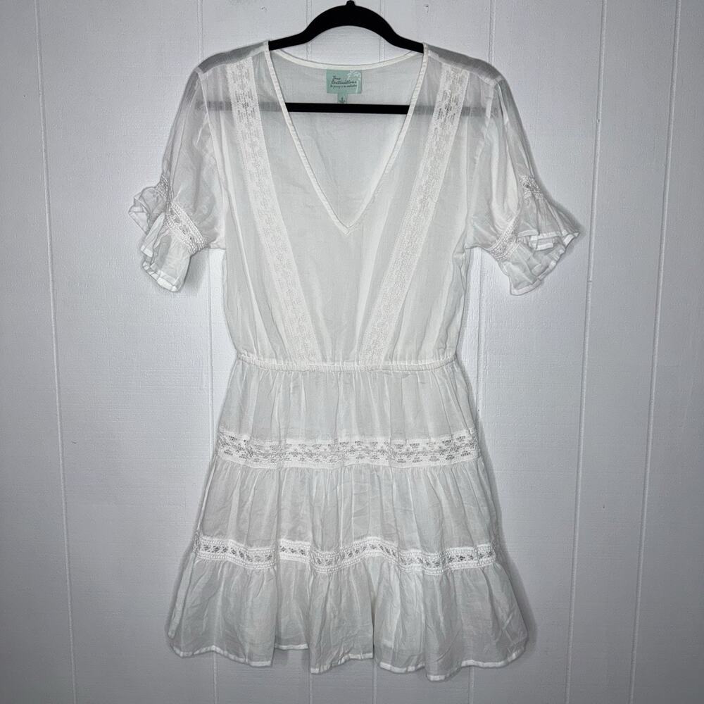 True Destinations Women’s White Cotton Mini Sheer Dress Resort Beach Romantic S